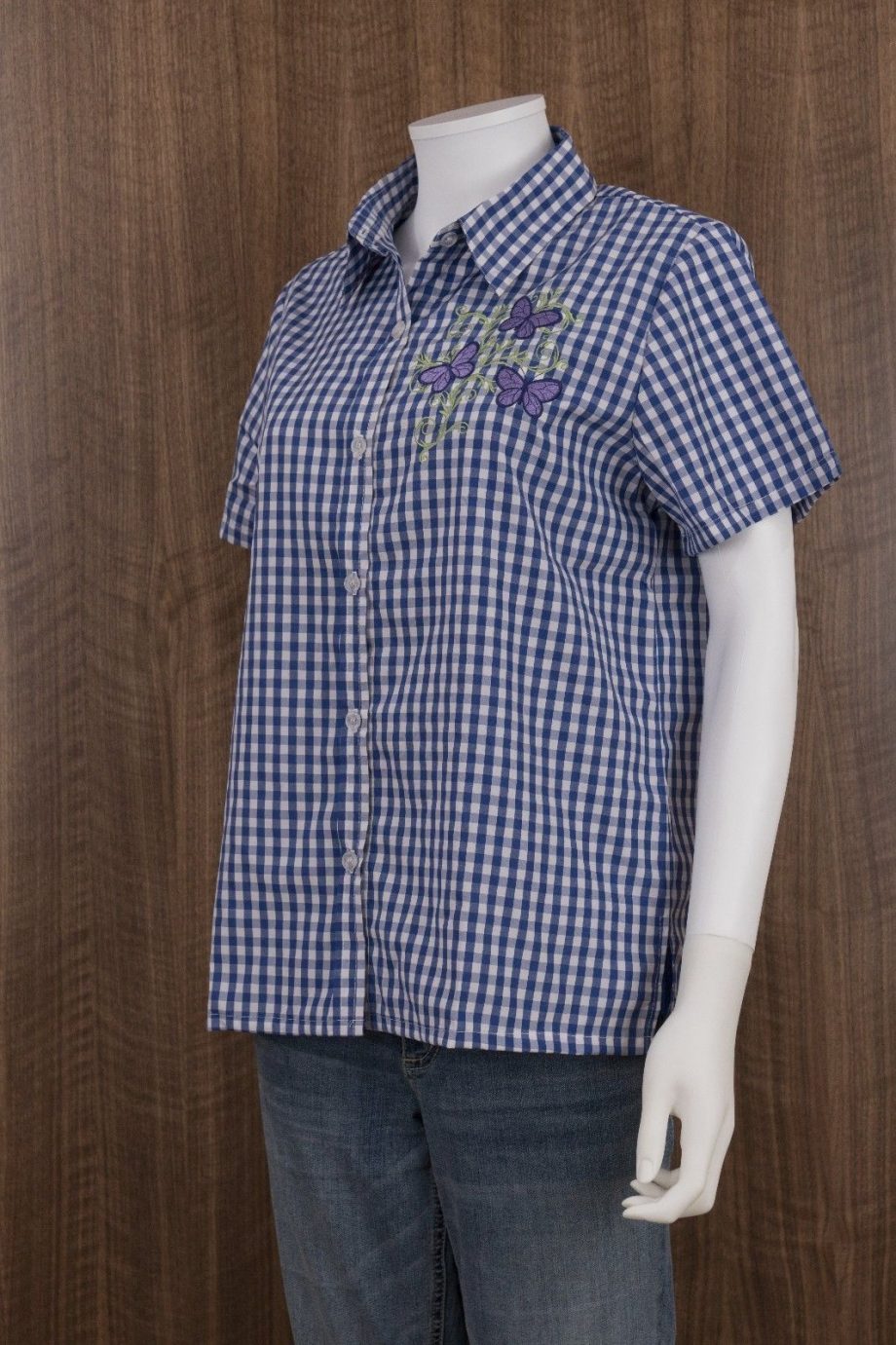 AMERICAN SWEETHEART Size M Plaid Butterfly Short Sleeve Shirt Button Down BLUE