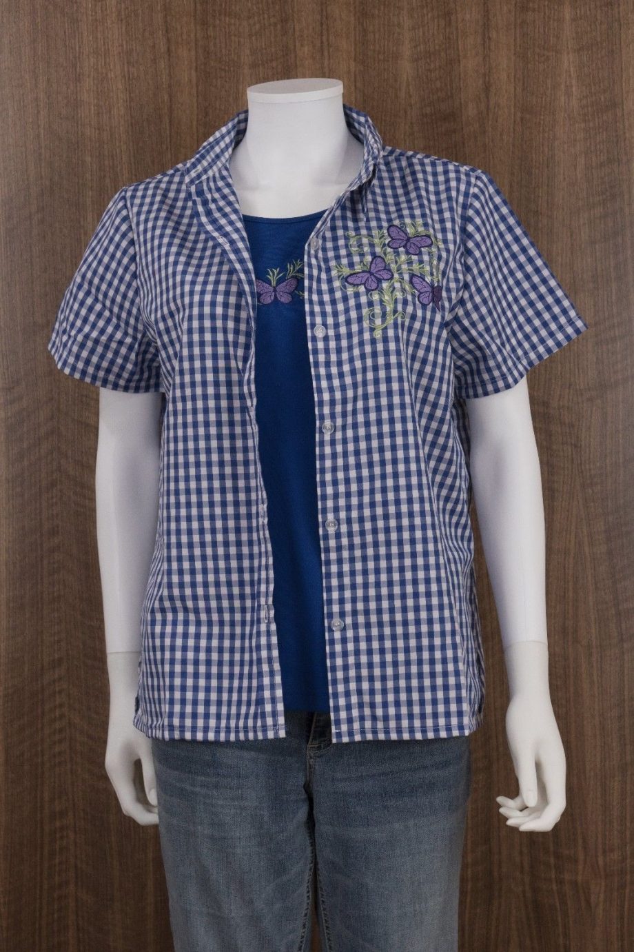 AMERICAN SWEETHEART Size M Plaid Butterfly Short Sleeve Shirt Button Down BLUE