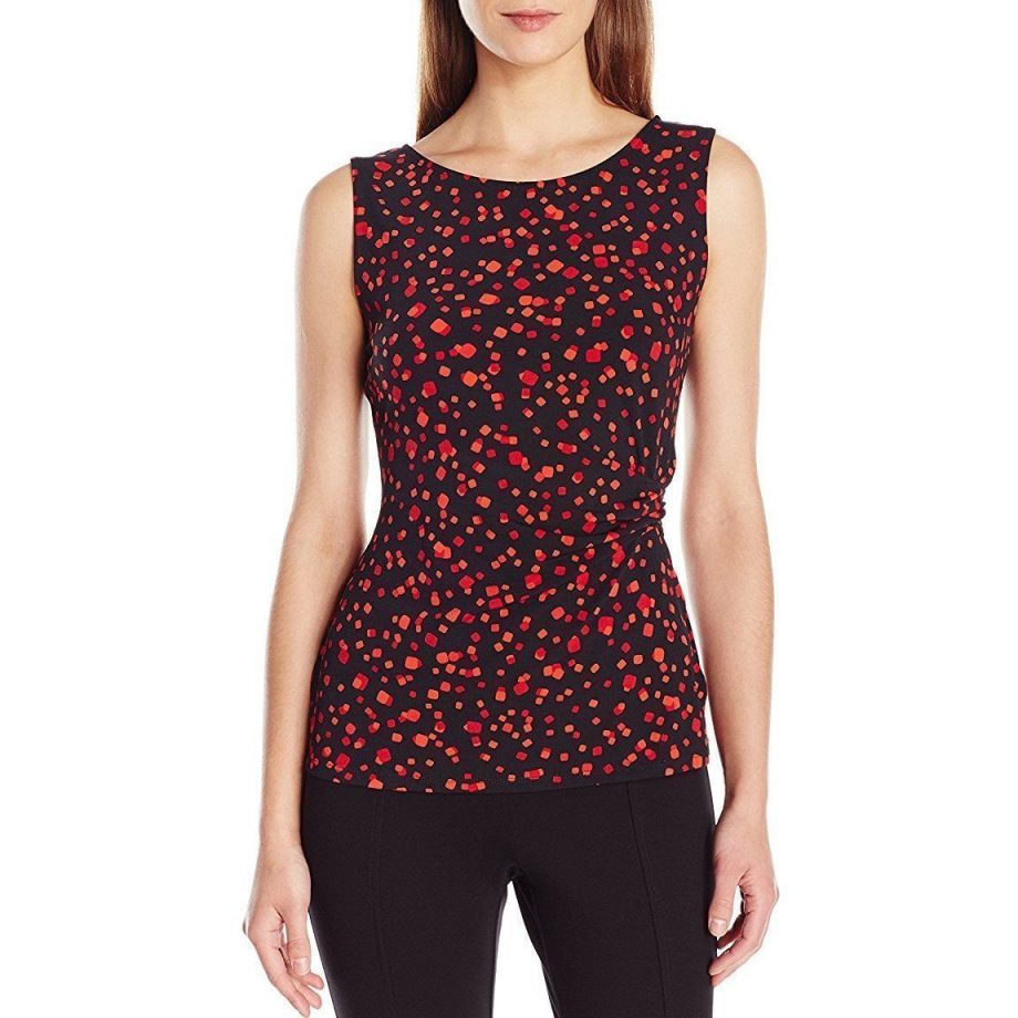 ANNE KLEIN Size XS Casino Print Side Pleat Scoop Neck Tank RED COMBO