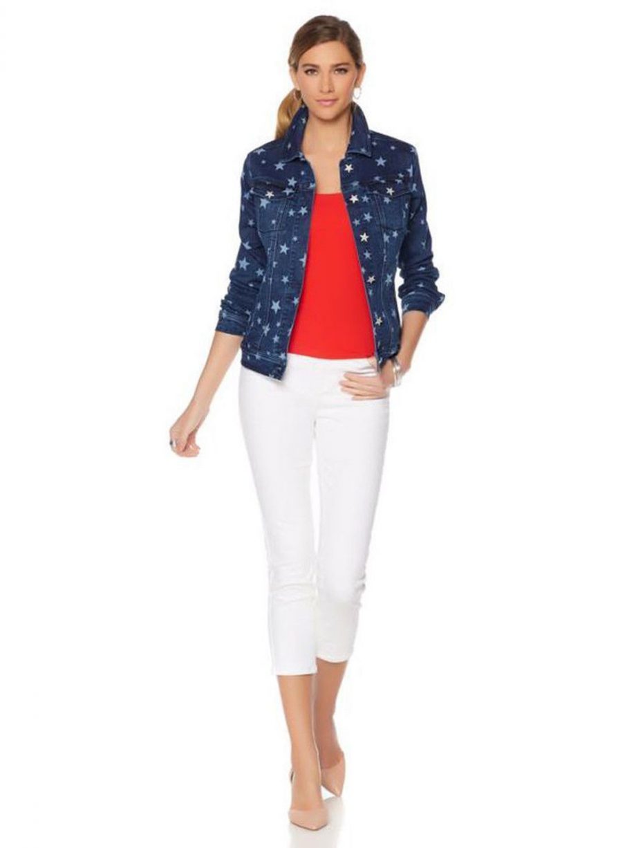 DG2 BY DIANE GILMAN Size XS Star-Print Denim Jacket Star Buttons INDIGO