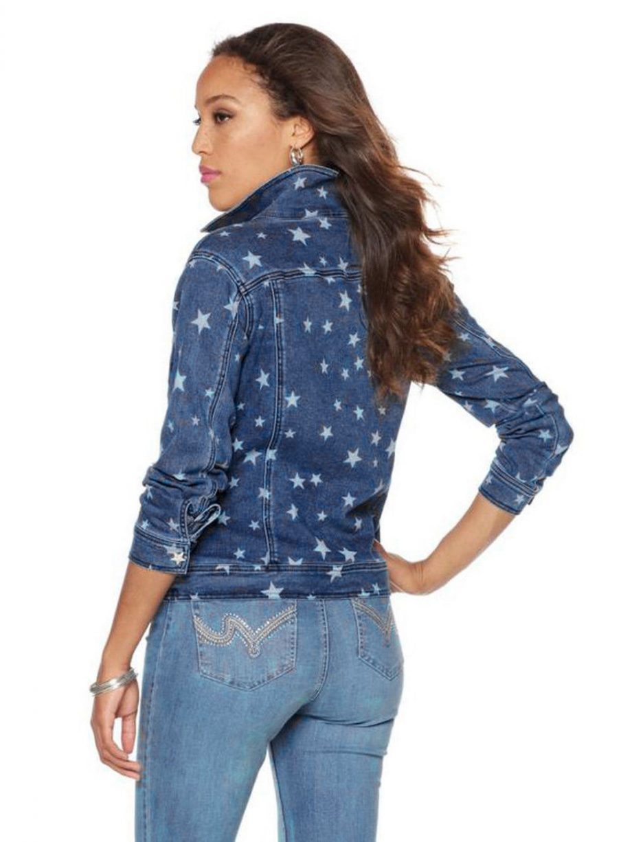 DG2 BY DIANE GILMAN Size XS Star-Print Denim Jacket Star Buttons INDIGO