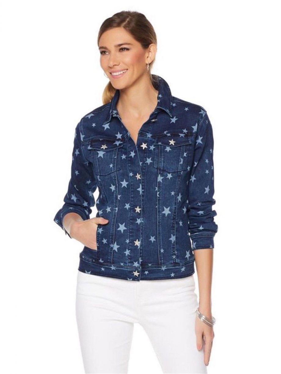 DG2 BY DIANE GILMAN Size XS Star-Print Denim Jacket Star Buttons INDIGO