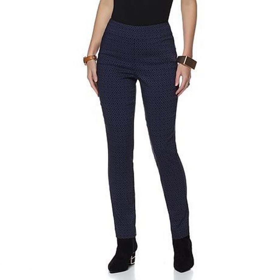 MARLAWYNNE Size 24W FLATTERfit Printed Straight Leg Pants BLUE / BLACK TILE