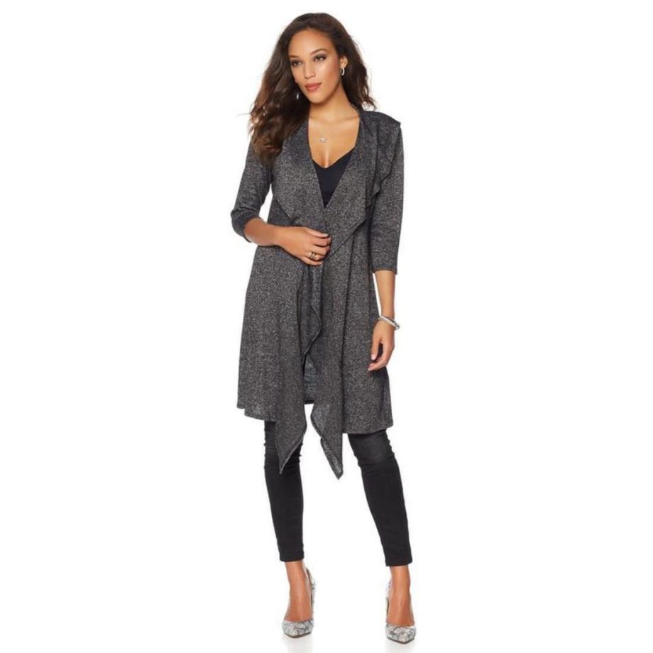 RHONDA SHEAR Size M Ruffle Open Front Cardigan SEAFOAM / WHITE