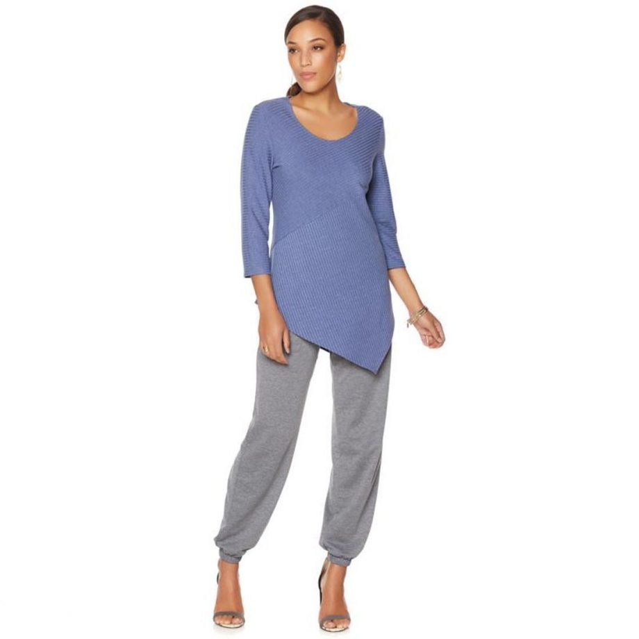 SLINKY BRAND Size L 3/4 Sleeve Asymmetric Ribbed Top Tunic Stretch CHARCOAL