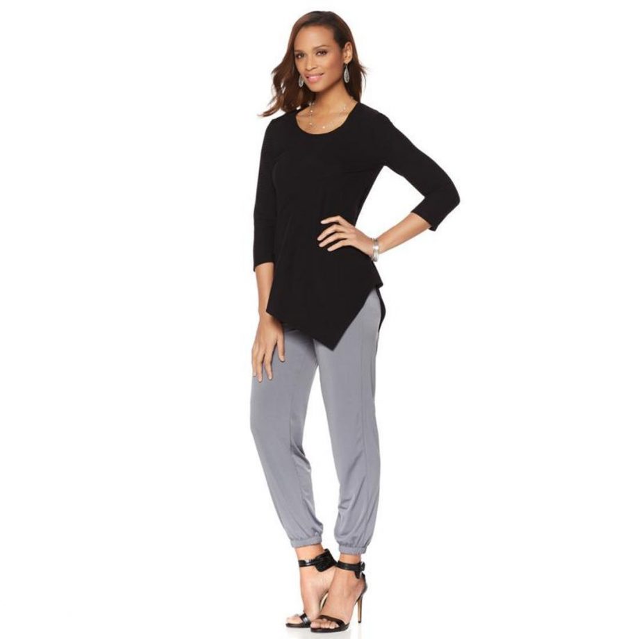 SLINKY BRAND Size L 3/4 Sleeve Asymmetric Ribbed Top Tunic Stretch CHARCOAL