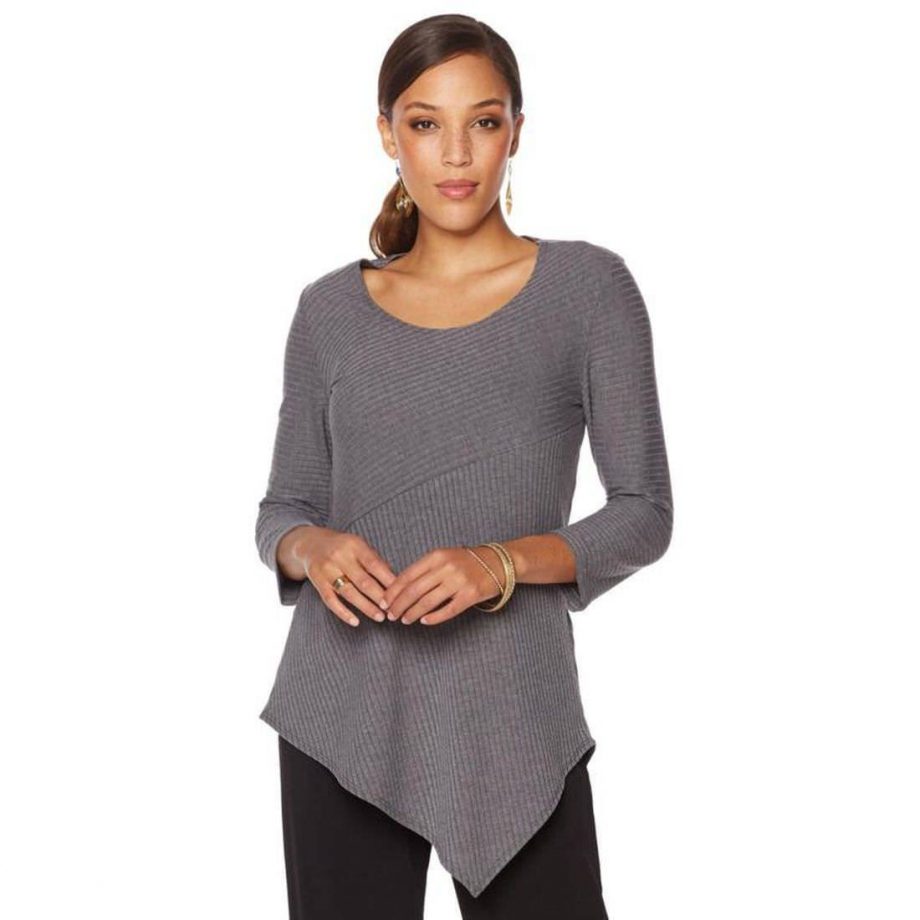 SLINKY BRAND Size L 3/4 Sleeve Asymmetric Ribbed Top Tunic Stretch CHARCOAL