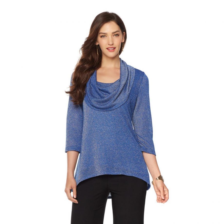 SLINKY BRAND Size L 3/4 Sleeve Cowl Neck Sparkle Sweater ROYAL BLUE