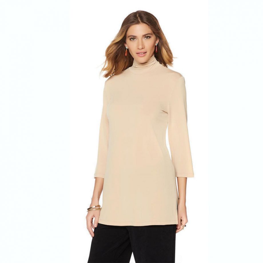 SLINKY BRAND Size M 3/4 Sleeve Turtleneck Tunic Top Pullover CAMEL