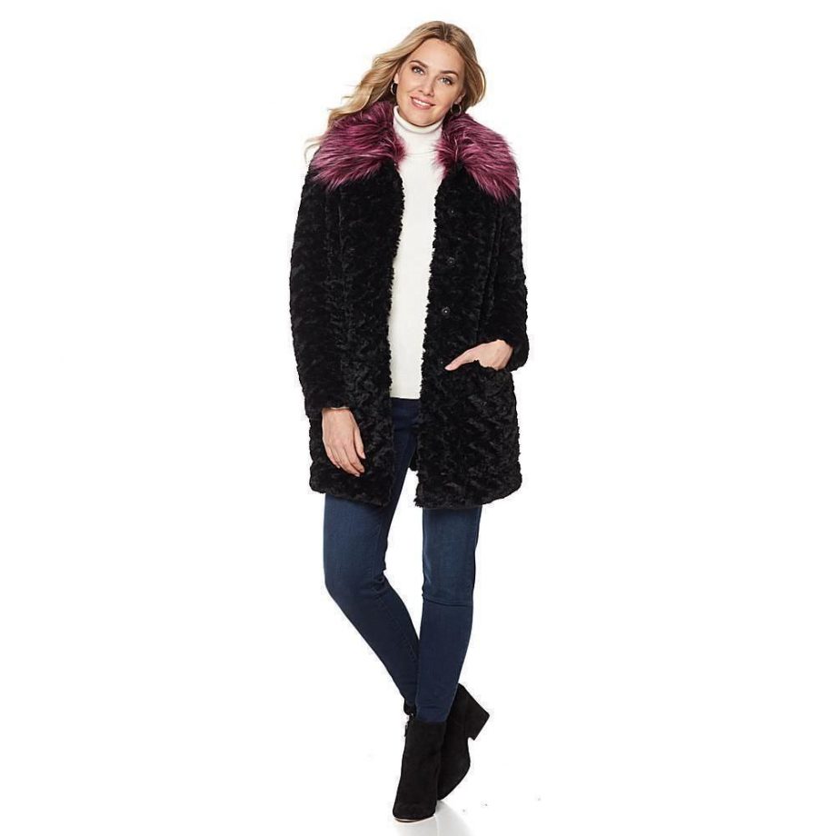 ADRIENNE LANDAU Size L Trolls Faux Fur Coat Removable Collar