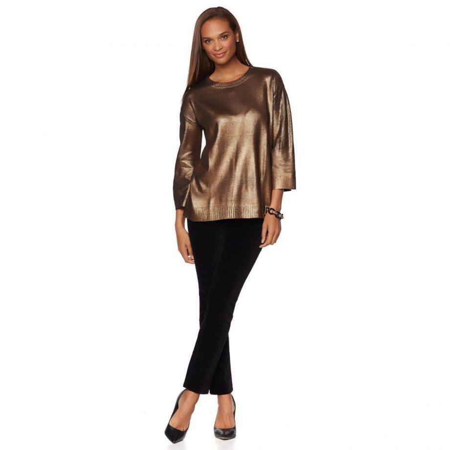DIANE GILMAN Size S 3/4 Long Sleeve Metallic Foil Sweater RED COPPER