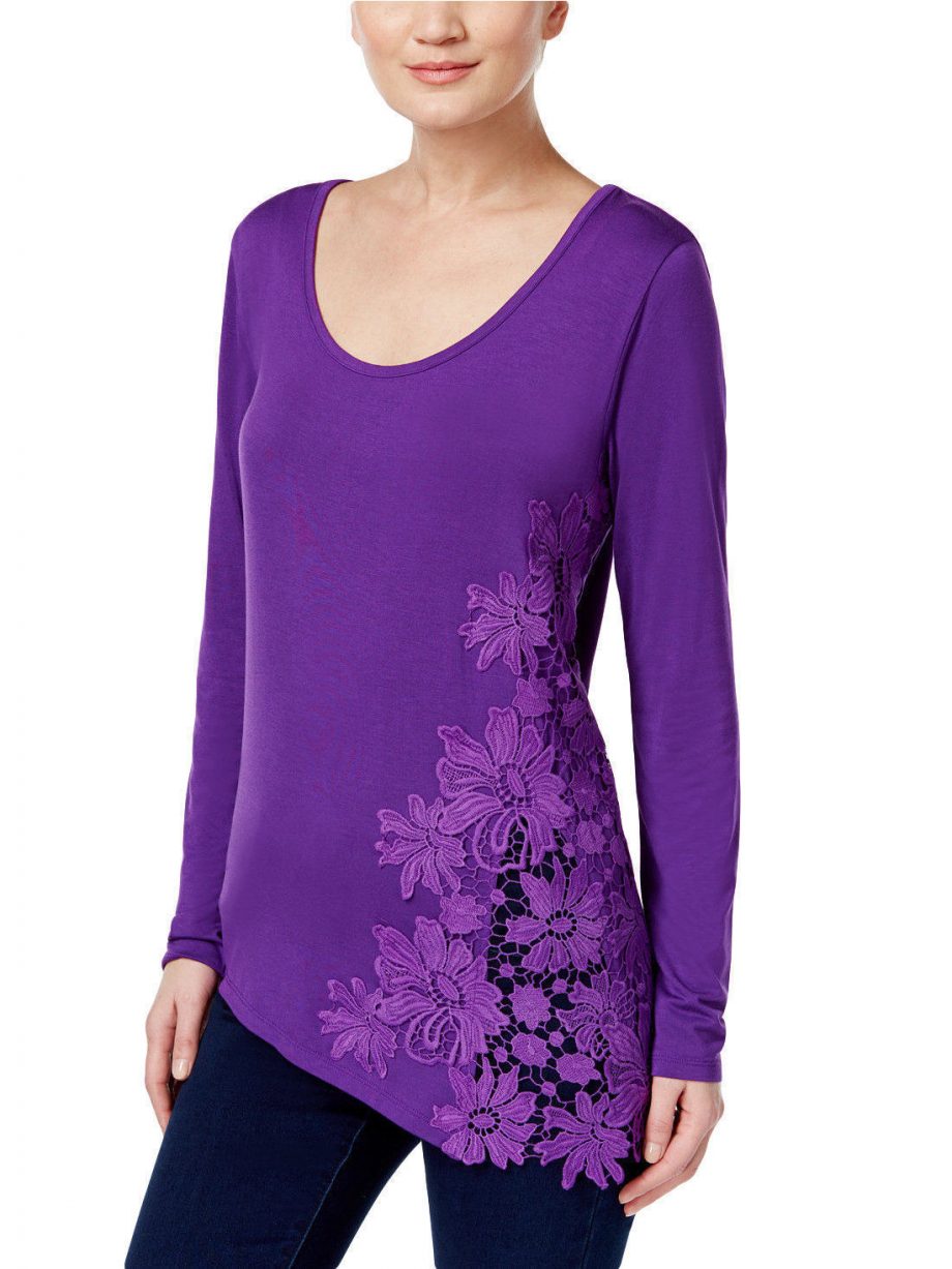 INC INTERNATIONAL CONCEPTS Size L Crocheted Asymmetrical Top PURPLE
