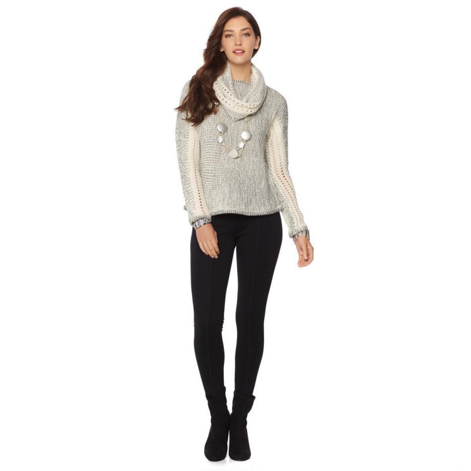 MARLAWYNNE Size XL Mix Rib Sweater ECRU BLACK