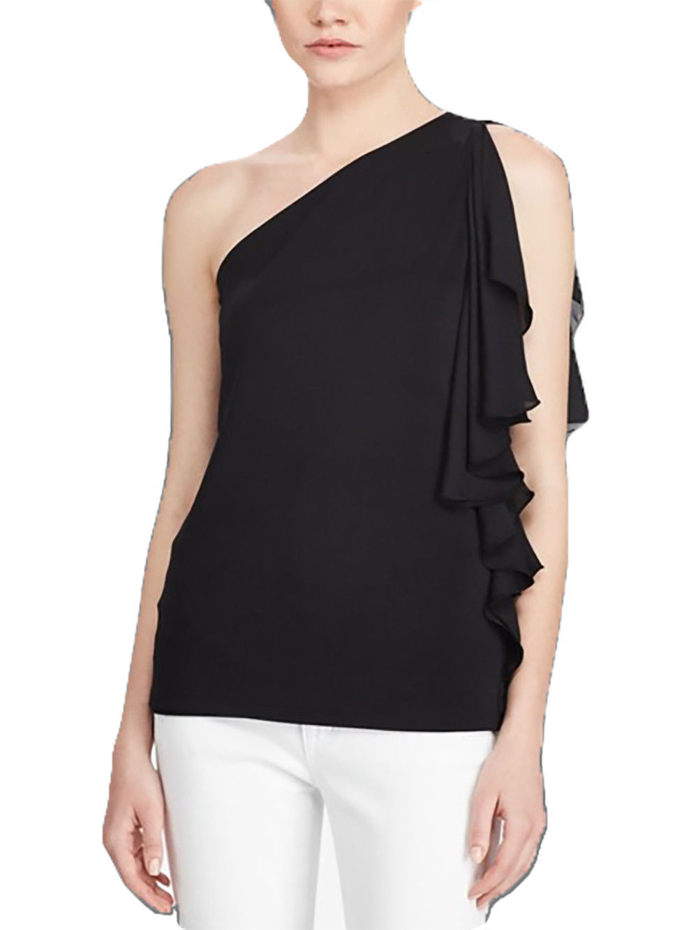 LAUREN RALPH LAUREN Size M Ruffled One-Shoulder Top BLACK – NYC Moda ...