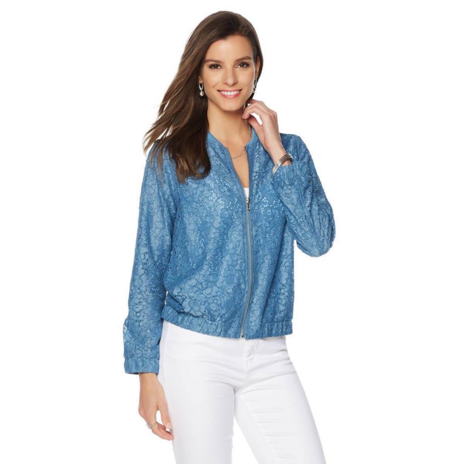 COLLEEN LOPEZ Size M Charmer Lace Bomber Jacket SKY BLUE