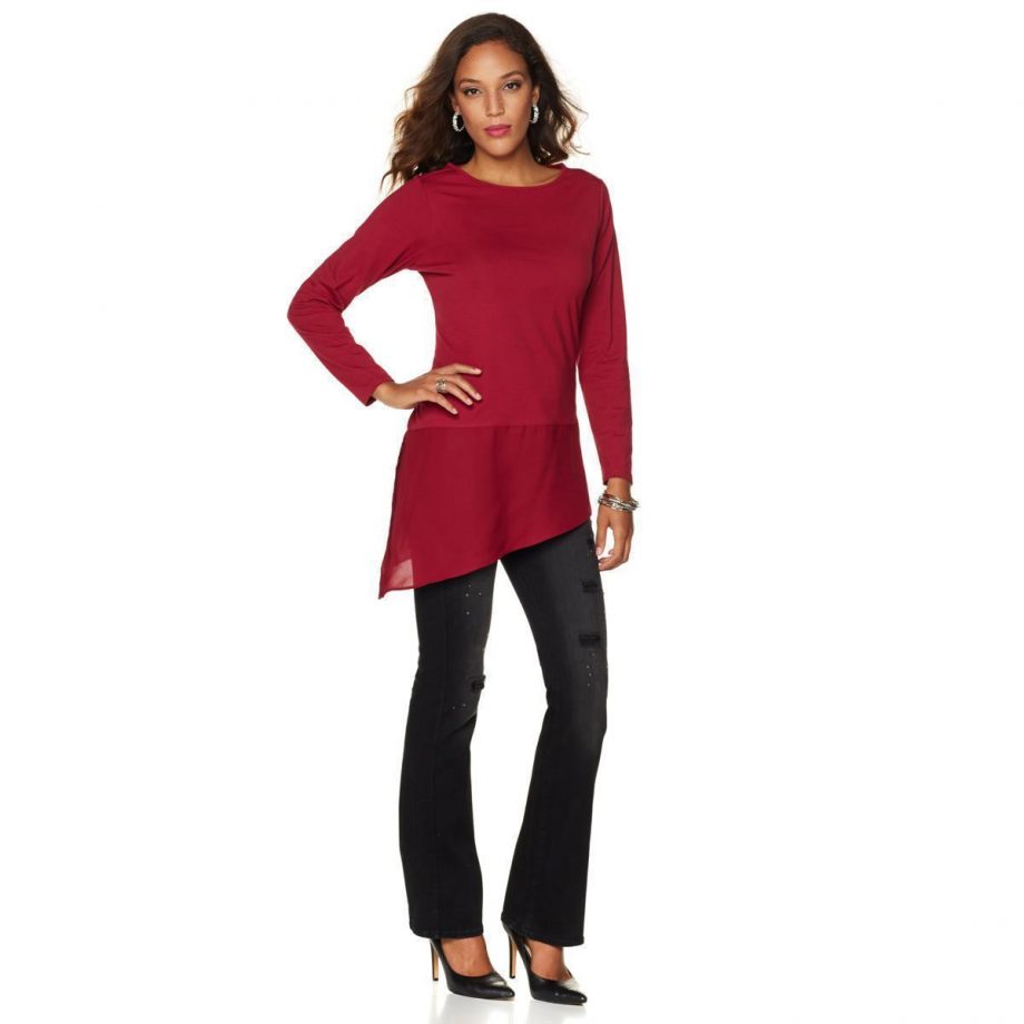 DIANE GILMAN Size L Asymmetric Chiffon Hem Box Pleat Top BERRY