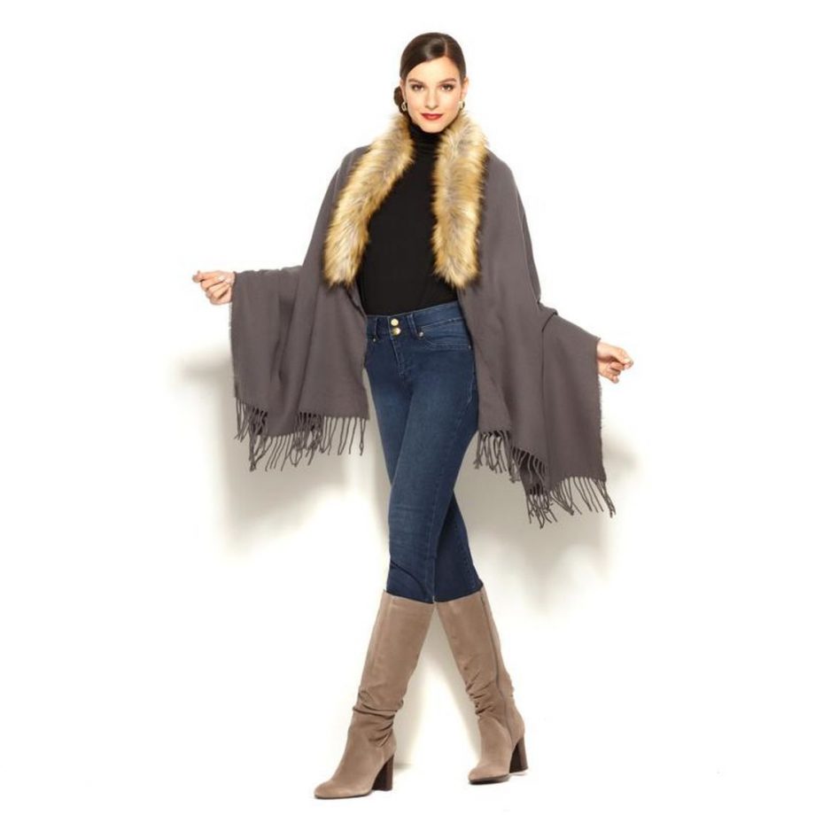 IMAN Platinum Fringe Faux Fur Woven Dramatic Wrap GRAY One Size