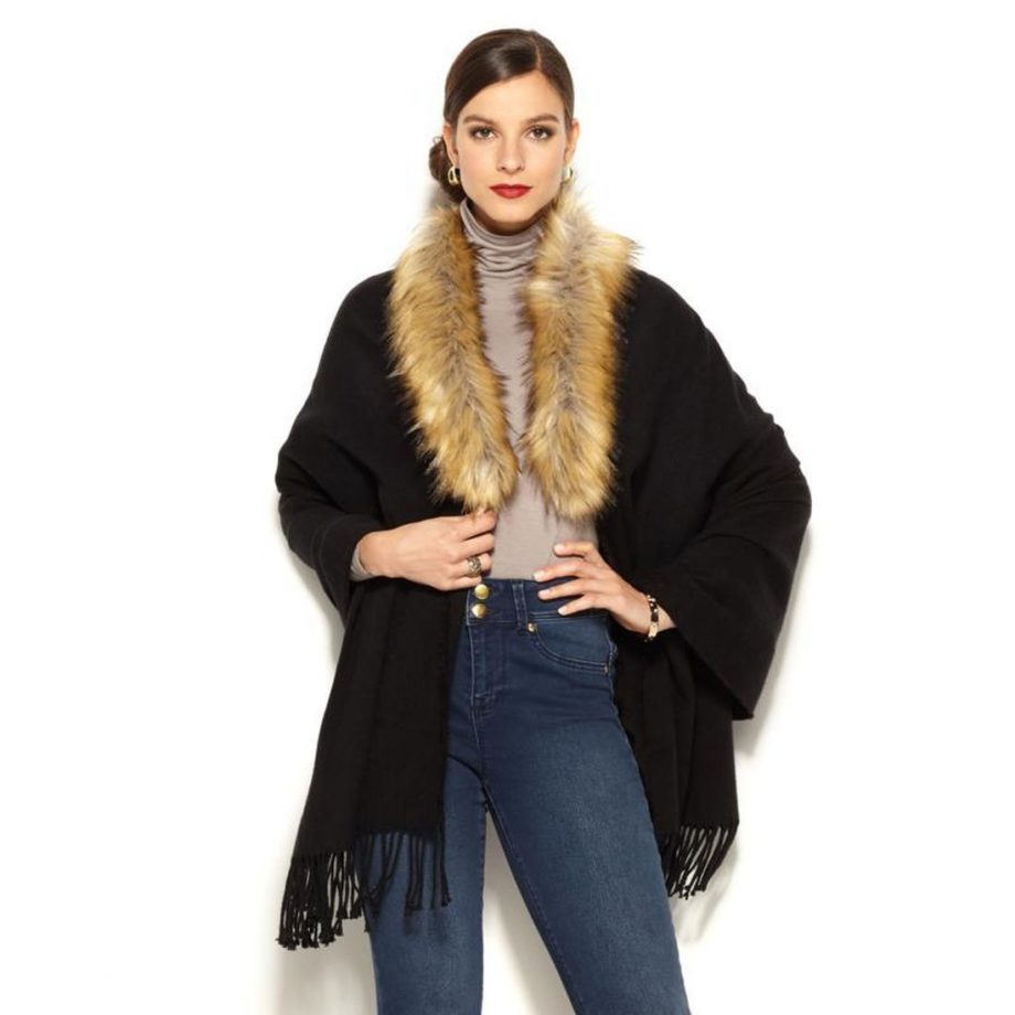 IMAN Platinum Fringe Faux Fur Woven Dramatic Wrap GRAY One Size
