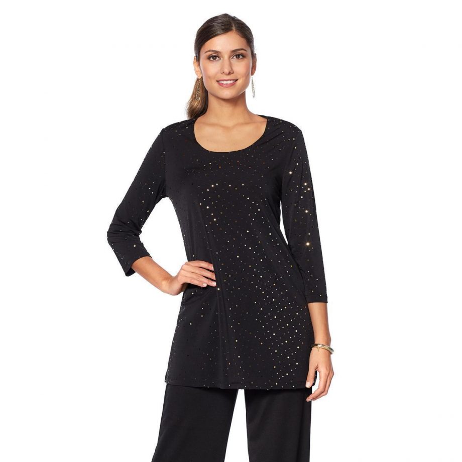 SLINKY BRAND Size L Long Sleeve Embellished Long Tunic BLACK