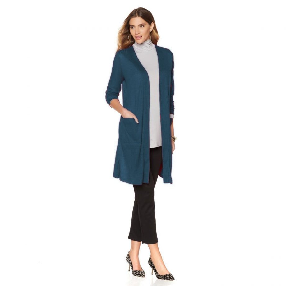 SLINKY BRAND Size 1X Long Sleeve Ribbed Duster with Pockets Side Vents NAVY