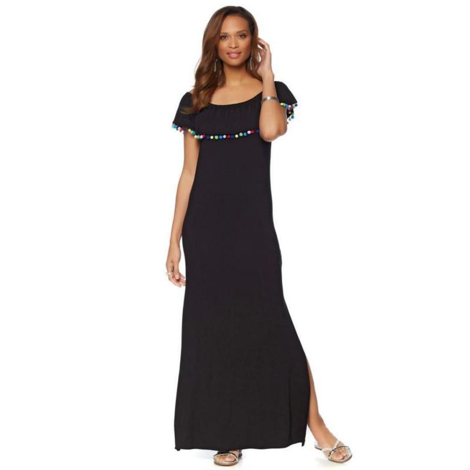 COLLEEN LOPEZ Size XL Fiesta Pom Pom Dress Scoop Neck Off Shoulder BLACK