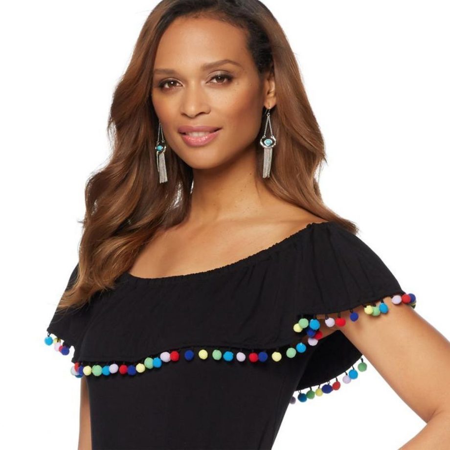 COLLEEN LOPEZ Size XL Fiesta Pom Pom Dress Scoop Neck Off Shoulder BLACK