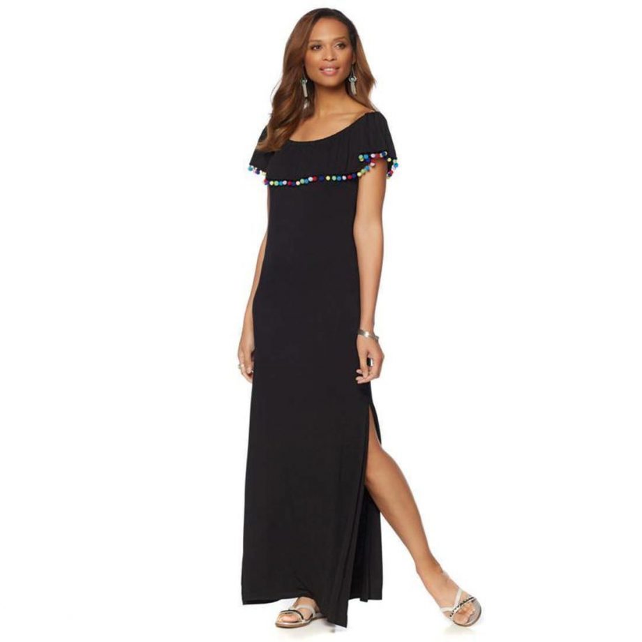 COLLEEN LOPEZ Size XL Fiesta Pom Pom Dress Scoop Neck Off Shoulder BLACK
