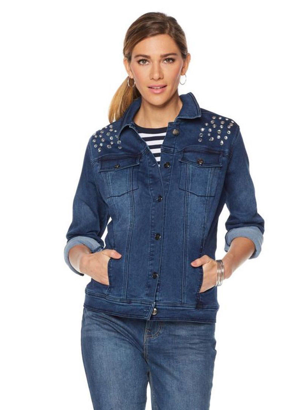 DIANE GILMAN Size S Rhinestone Stretch Denim Jacket INDIGO – NYC Moda ...