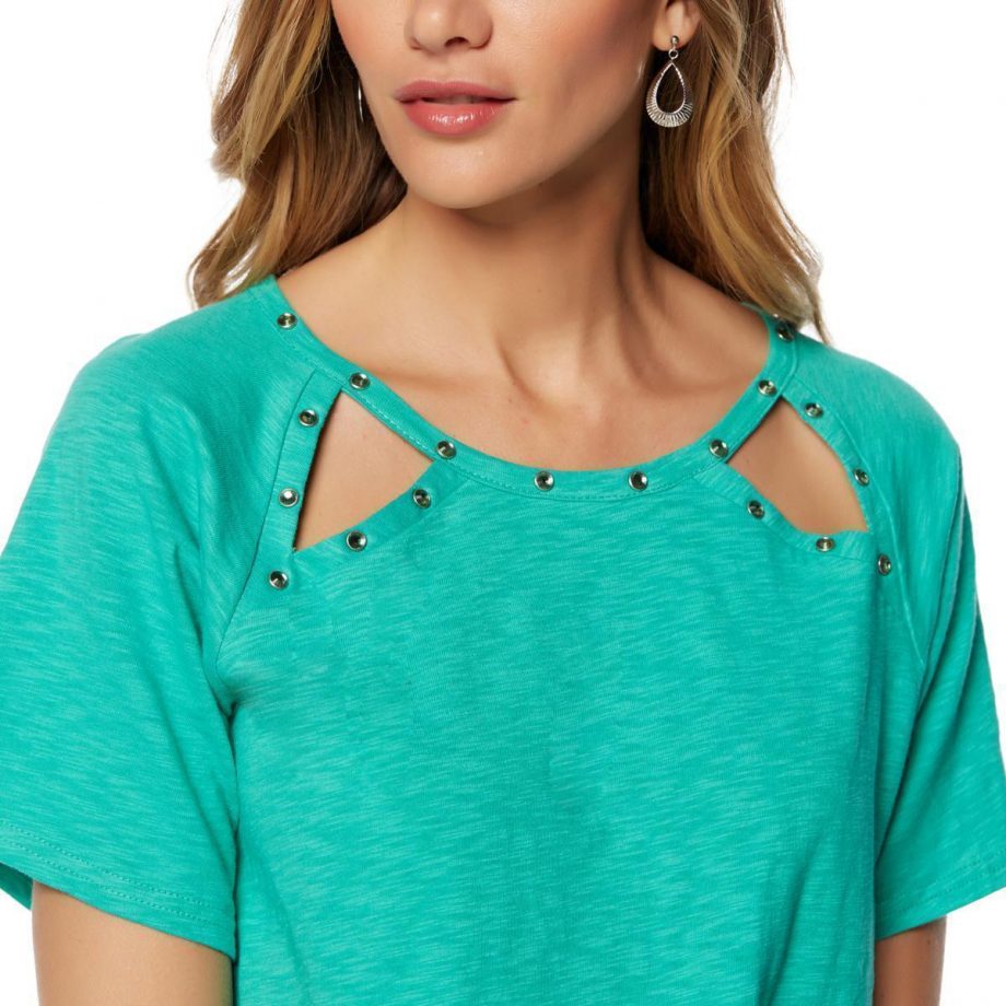 DIANE GILMAN Size 1X Cutout Embellished Neckline Top Tee Blouse NAVY