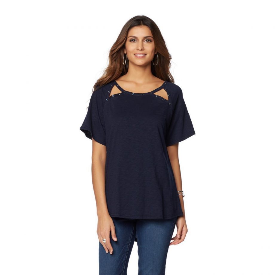 DIANE GILMAN Size 1X Cutout Embellished Neckline Top Tee Blouse NAVY