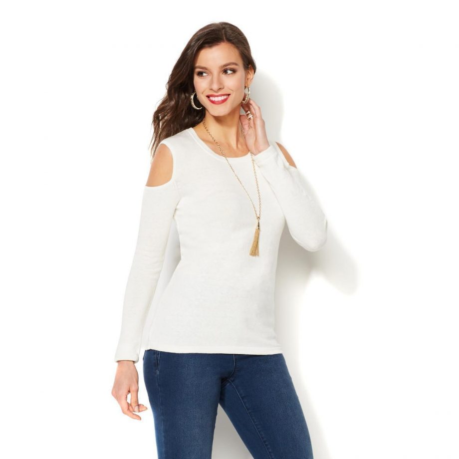 IMAN Size L Cold Shoulders Touch of Cashmere Sweater BLACK
