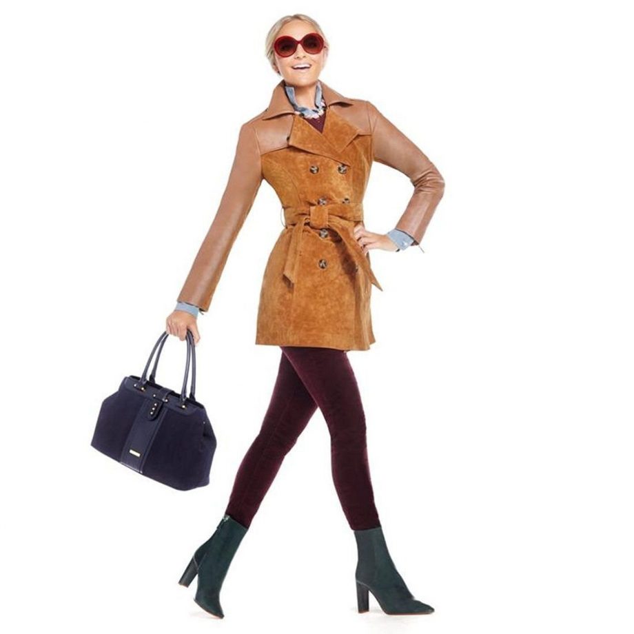 IMAN Size S Platinum Luxe Leather and Suede Trench Coat COGNAC