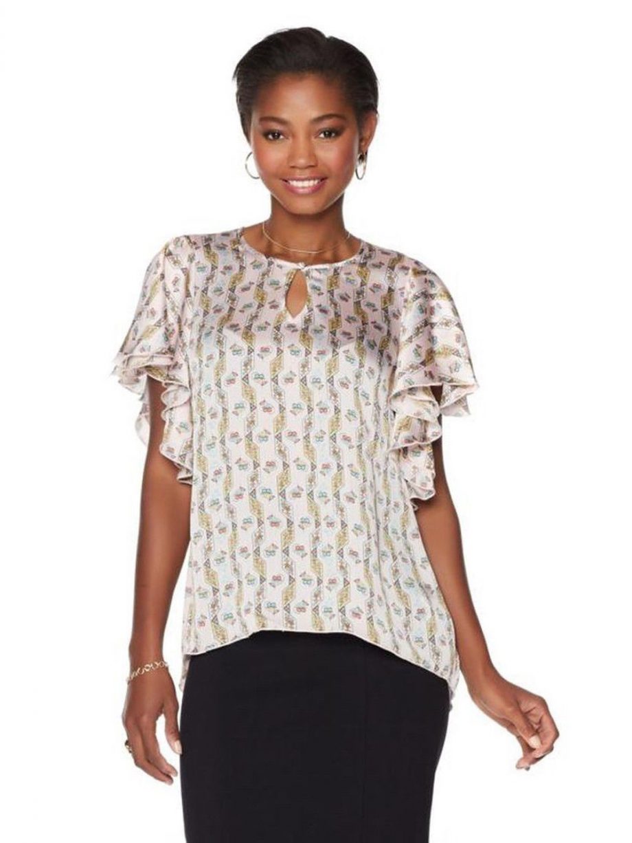 MELISSA MCCARTHY Size 2X Short Ruffle-Sleeve Keyhole Blouse RIBBON PINK