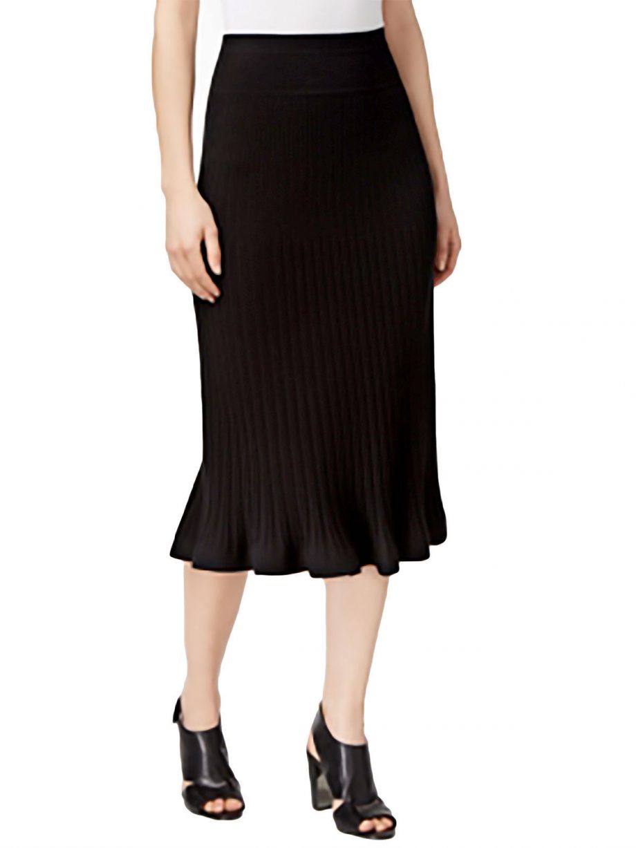 DKNY Size L Pleated A-Line Wool Blend Midi Skirt BLACK
