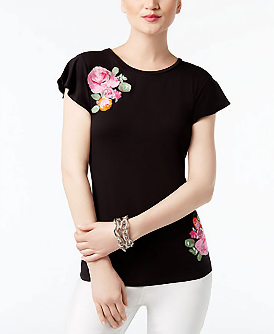 INC INTERNATIONAL CONCEPTS Size XXL Floral Embroidered Flutter-Sleeve BLACK