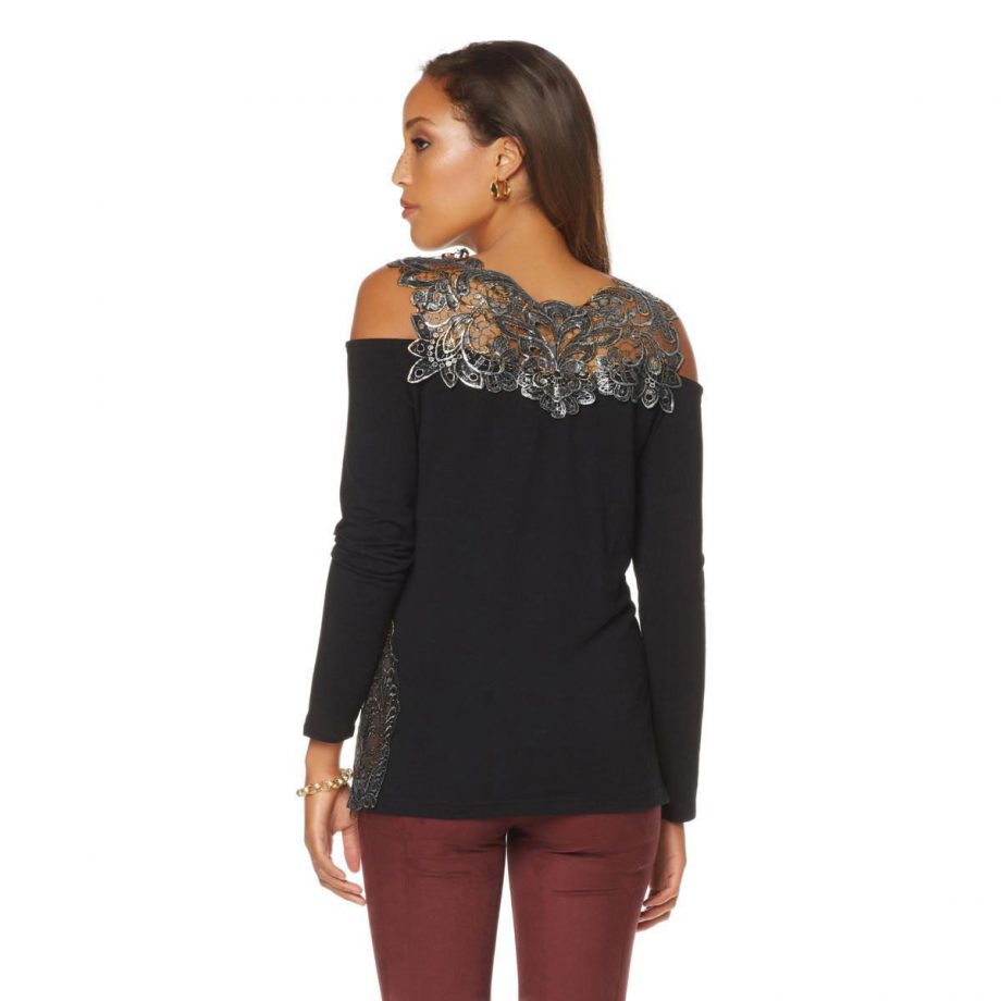 JOAN BOYCE Size XS Long Sleeves Exposed Shoulders Pullover Lace Top BLACK