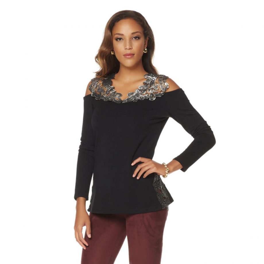 JOAN BOYCE Size XS Long Sleeves Exposed Shoulders Pullover Lace Top BLACK