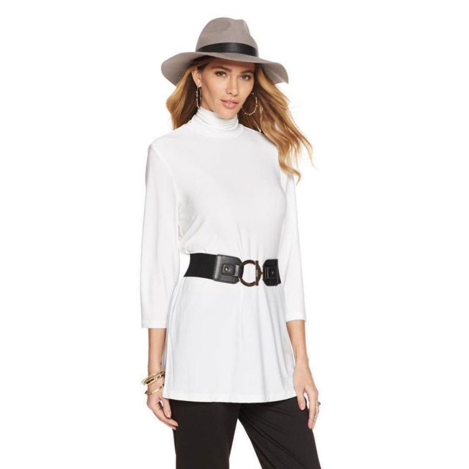 SLINKY BRAND Size 1X 3/4 Sleeve Long Turtleneck Tunic IVORY