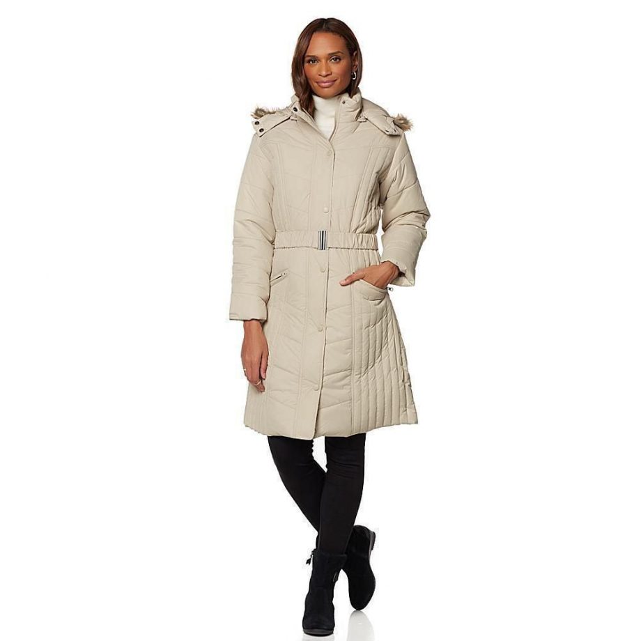 SPORTO Size L Water Resistant Quilted Coat with Belt WINTER WHITE