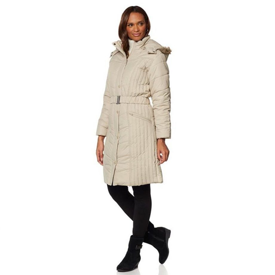 SPORTO Size L Water Resistant Quilted Coat with Belt WINTER WHITE
