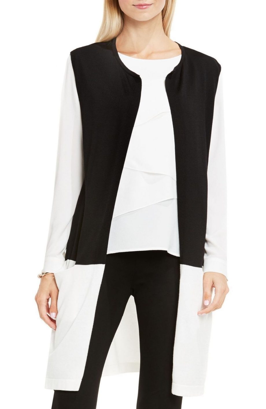 VINCE CAMUTO Size S Colorblocked Sleeveless Duster Vest BLACK-WHITE