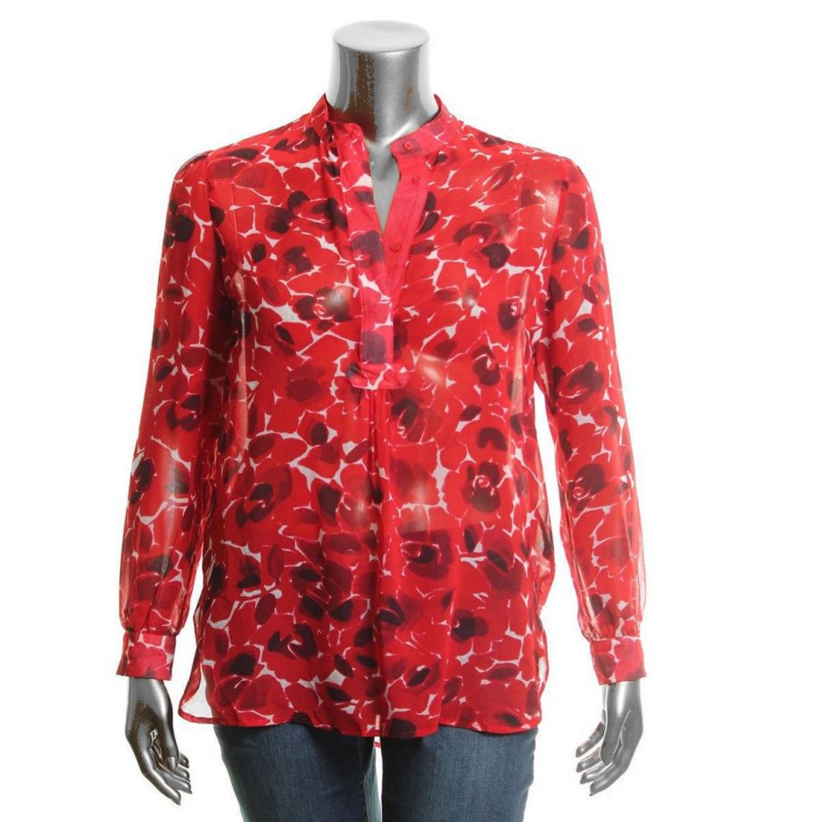 ANNE KLEIN Size 16 Long Sleeve Printed Chiffon Blouse Shirt Top RED