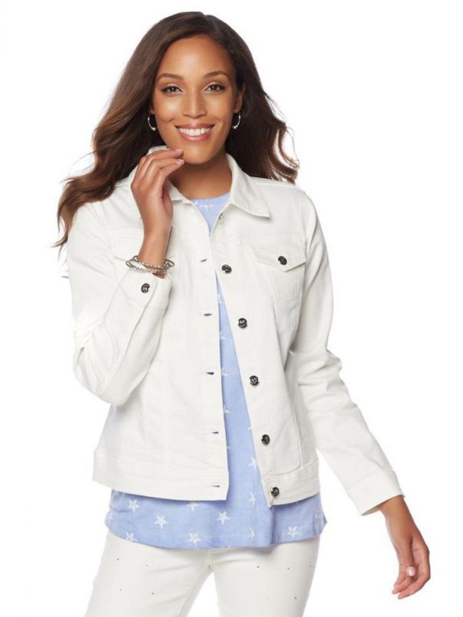 DG2 by DIANE GILMAN Size M American Flag Denim Jacket Buttons Pockets WHITE
