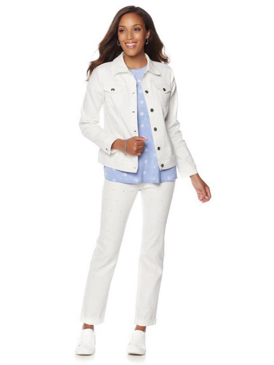 DG2 by DIANE GILMAN Size M American Flag Denim Jacket Buttons Pockets WHITE