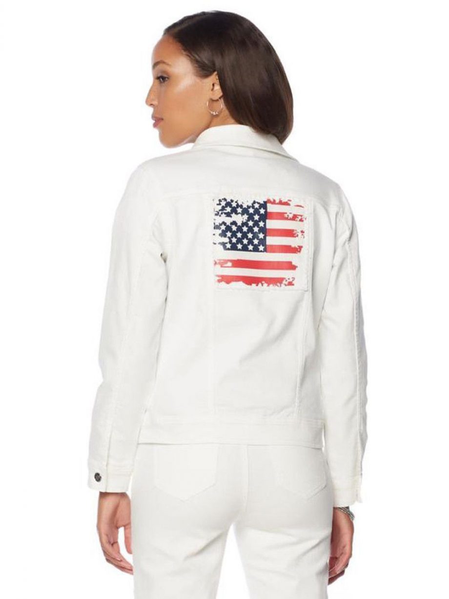 DG2 by DIANE GILMAN Size M American Flag Denim Jacket Buttons Pockets WHITE