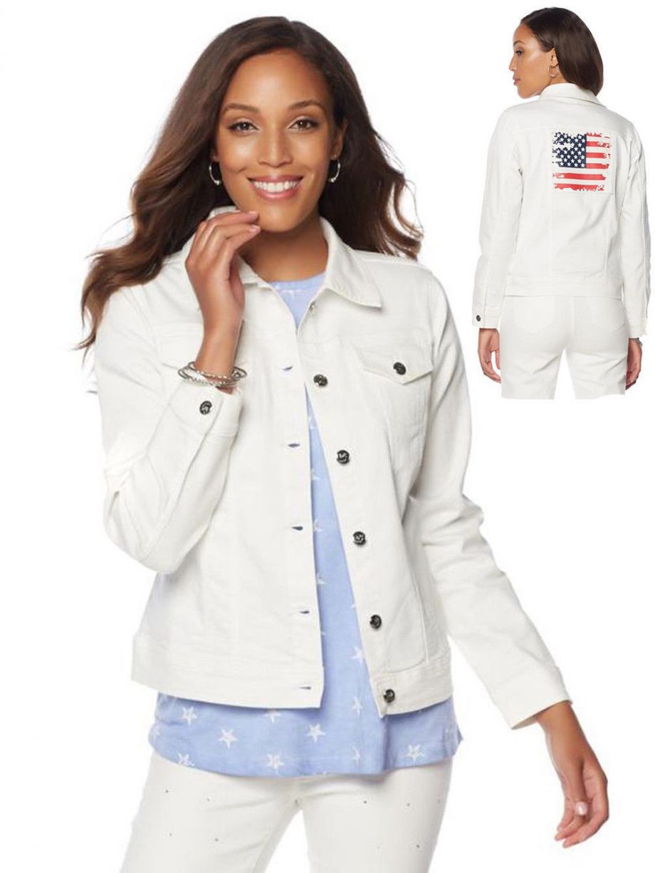 DG2 by DIANE GILMAN Size M American Flag Denim Jacket Buttons Pockets WHITE