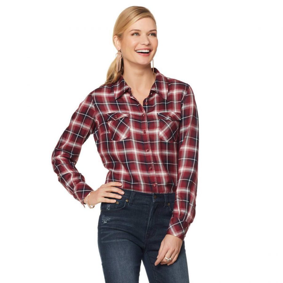 DIANE GILMAN Size 3X Woven Plaid Button Down Shirt RED Combo
