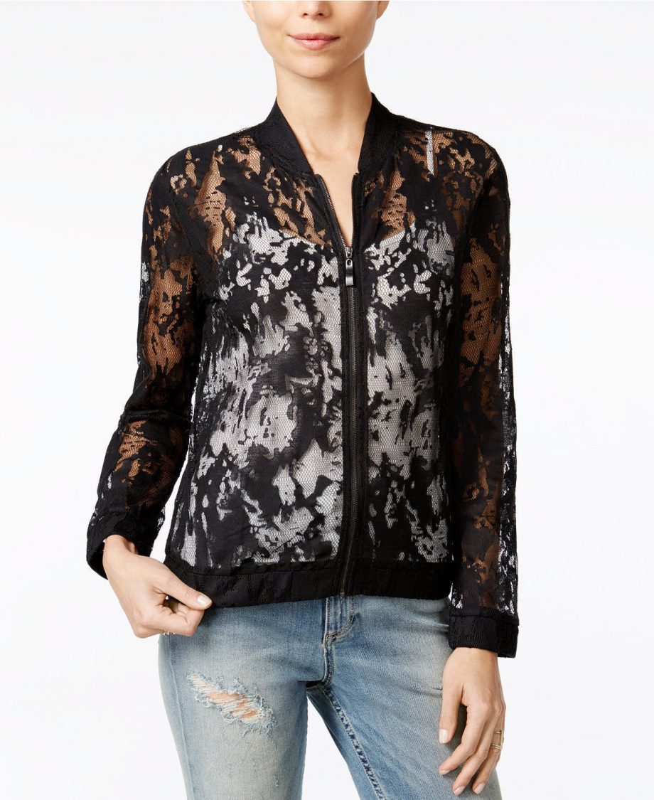 FAIR CHILD Size S Long Sleeve Sheer Lace Bomber Jacket BLACK