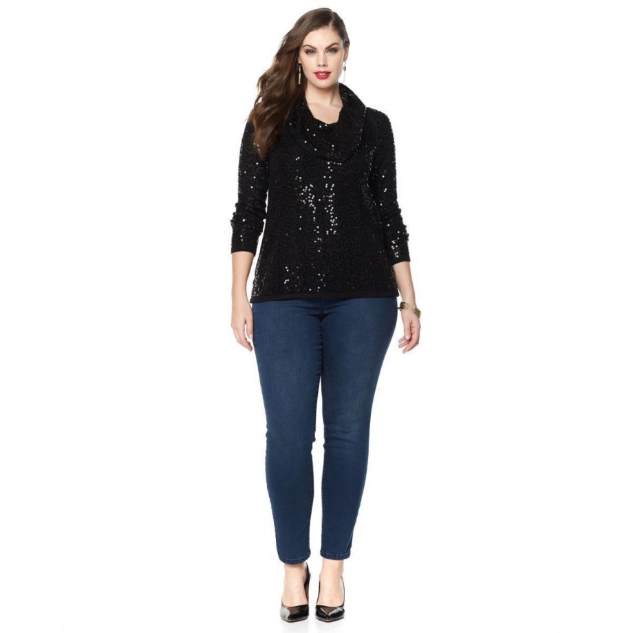 IMAN Size XL Cowl Neck Sequin Long Sleeve Sweater BLACK