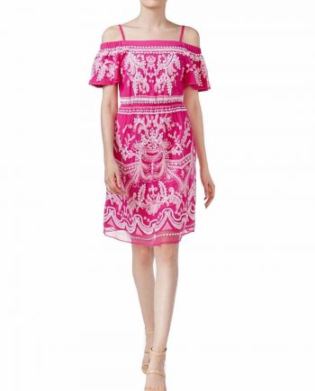 INC INTERNATIONAL CONCEPTS Size M Embroidered Cold-Shoulder Dress PINK WHITE